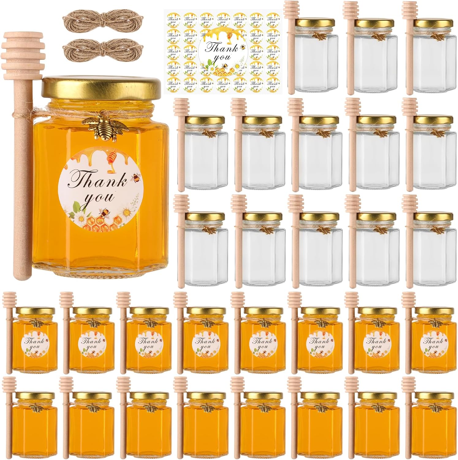 30-Pack Hexagon Mini Honey Jars with Wood Dippers